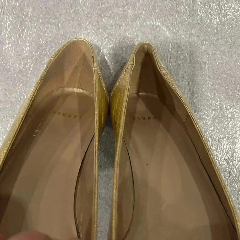 [9]Stuart  Weitzman Gold Buckle Patent Peep Toe Flat - Picture 6 of 9